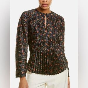 VINCE Pomegranate Floral Print Pleated V-Neck Slit Long Sleeve Blouse